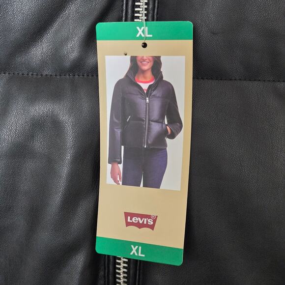 New Levi Strauss Faux Leather Short Puffer Zip up Black Women's Jacket Size XL - Picture 2 of 11